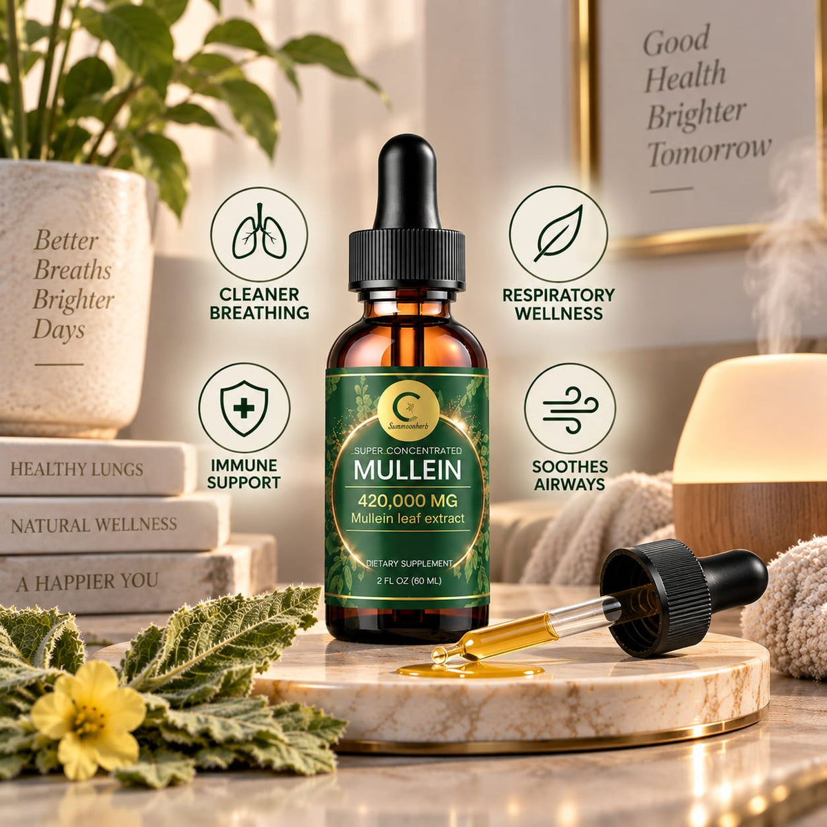Mullein Drops for Lungs - Mullein Leaf Extract for Lung Detox & Cleanse, Support for Respiratory, Immune, Digestive System 60ML